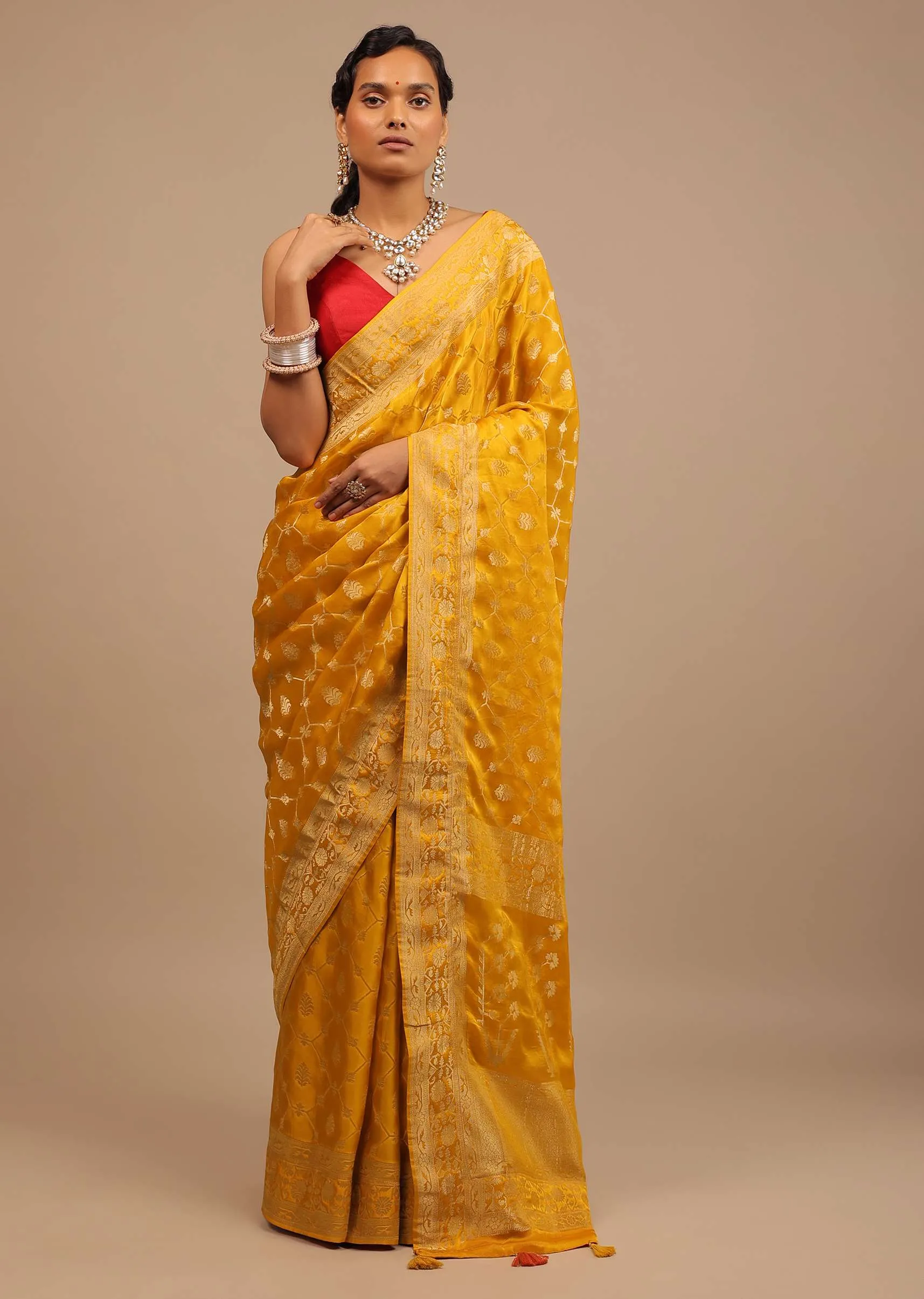 Amber Yellow Saree In Satin Silk With Woven Geometric Jaal And Butti Design