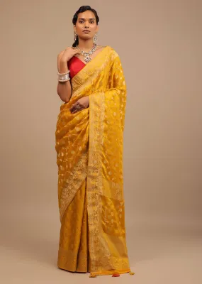 Amber Yellow Saree In Satin Silk With Woven Geometric Jaal And Butti Design