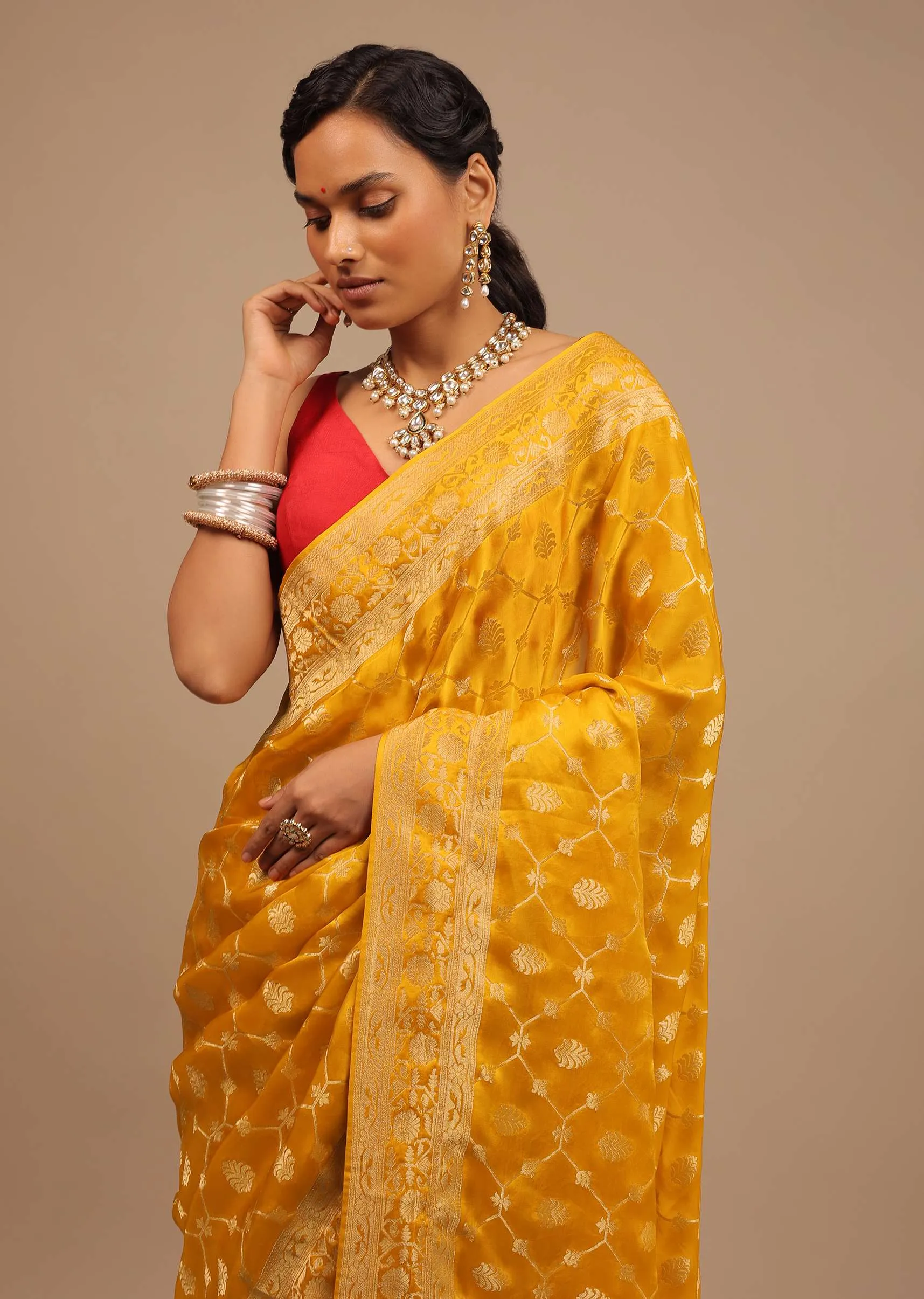 Amber Yellow Saree In Satin Silk With Woven Geometric Jaal And Butti Design