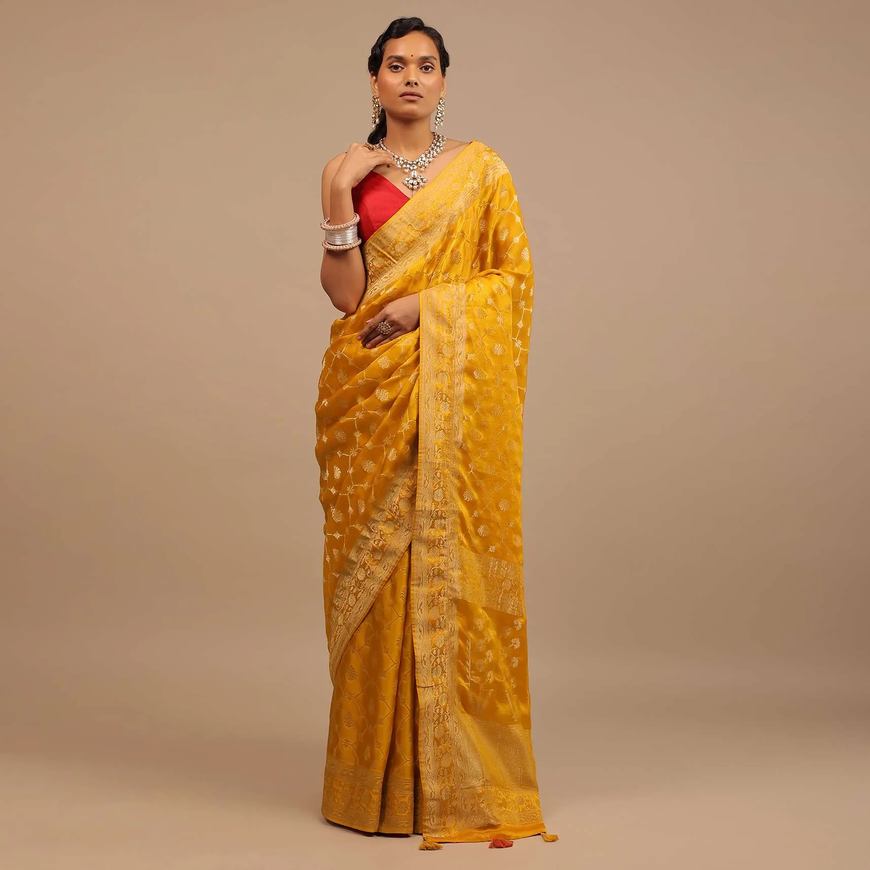 Amber Yellow Saree In Satin Silk With Woven Geometric Jaal And Butti Design