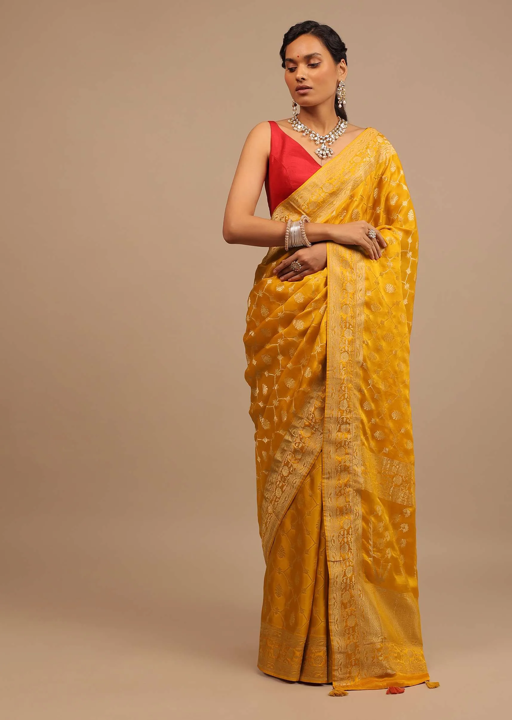 Amber Yellow Saree In Satin Silk With Woven Geometric Jaal And Butti Design