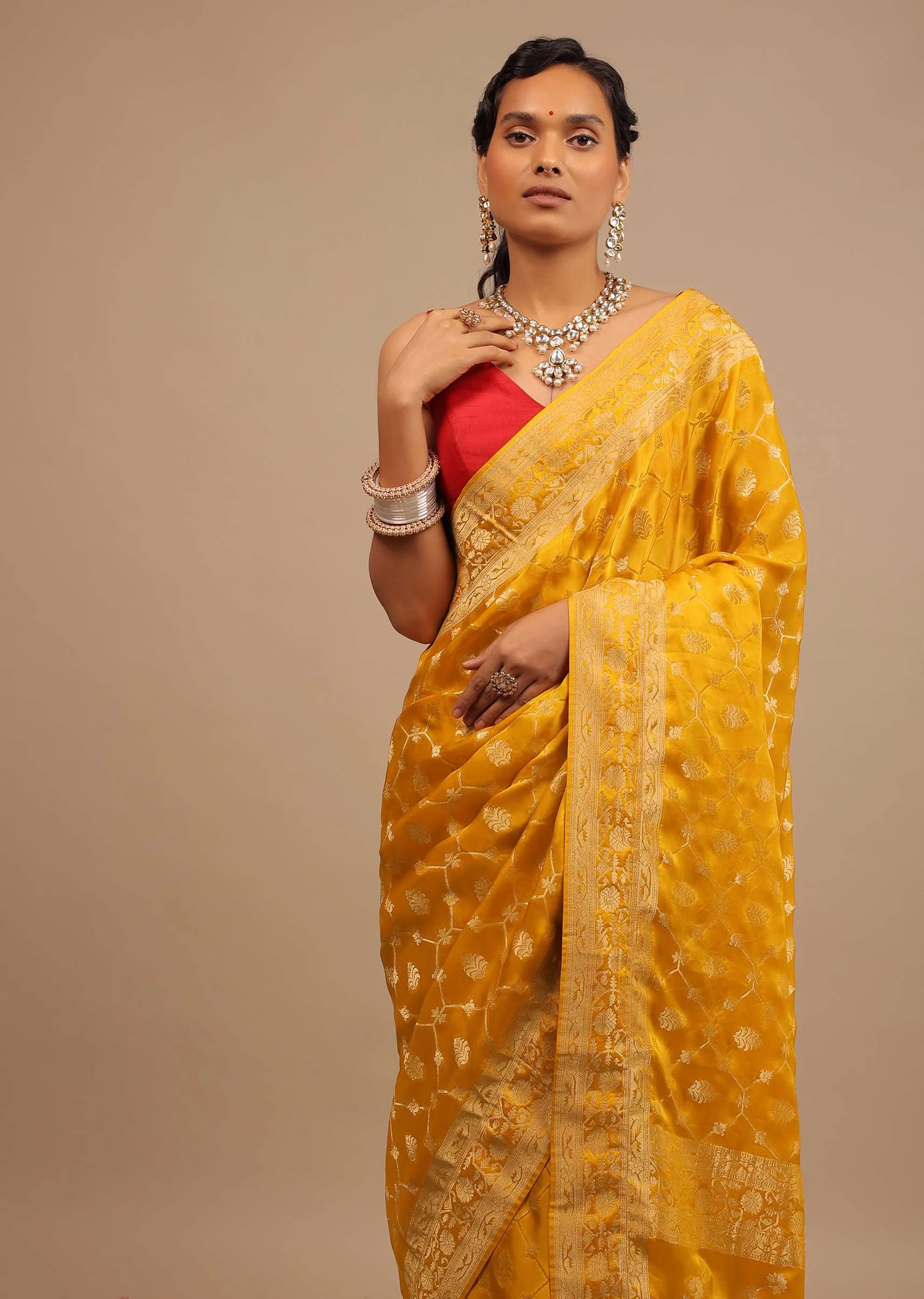 Amber Yellow Saree In Satin Silk With Woven Geometric Jaal And Butti Design
