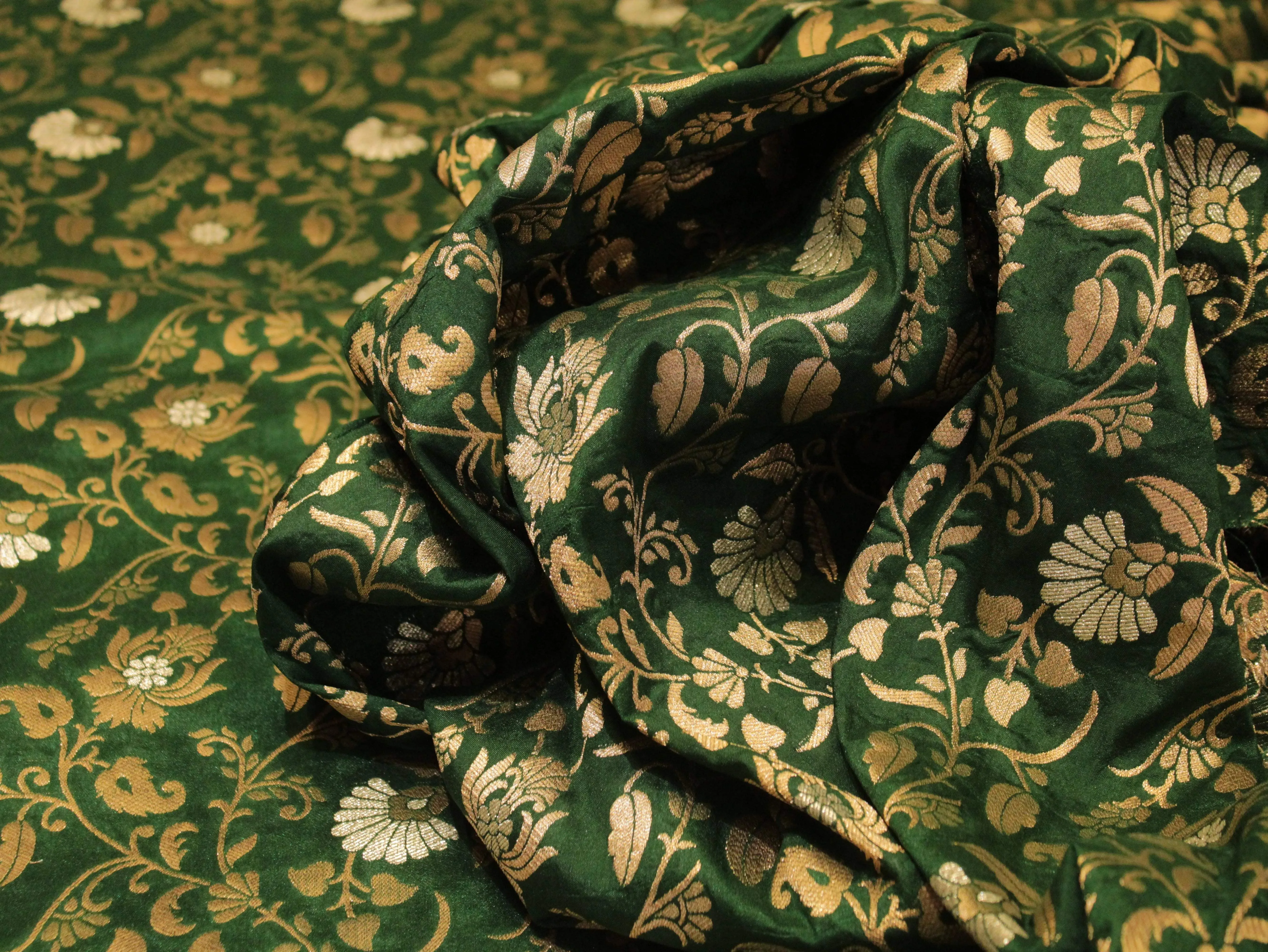 Banarasi Floral Brocade Fabric - Dark Green