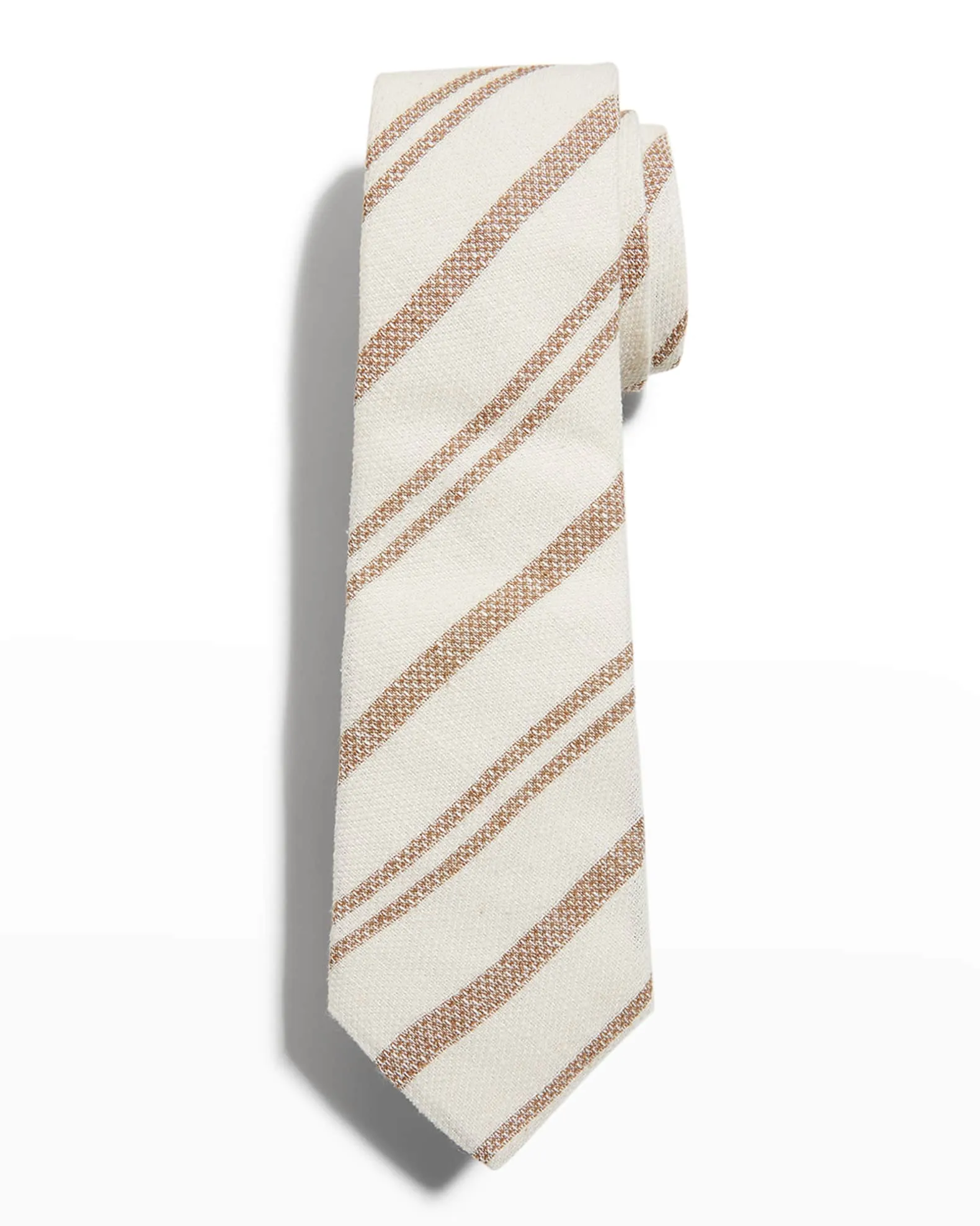 Brunello Cucinelli Beige White Diagonal Textured Stitch Silk Linen Blend Men's Tie
