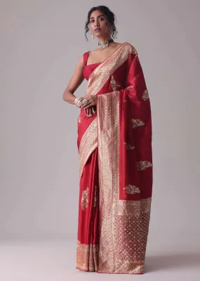 Chilli Pepper Red Embroidered Saree In Dola Silk
