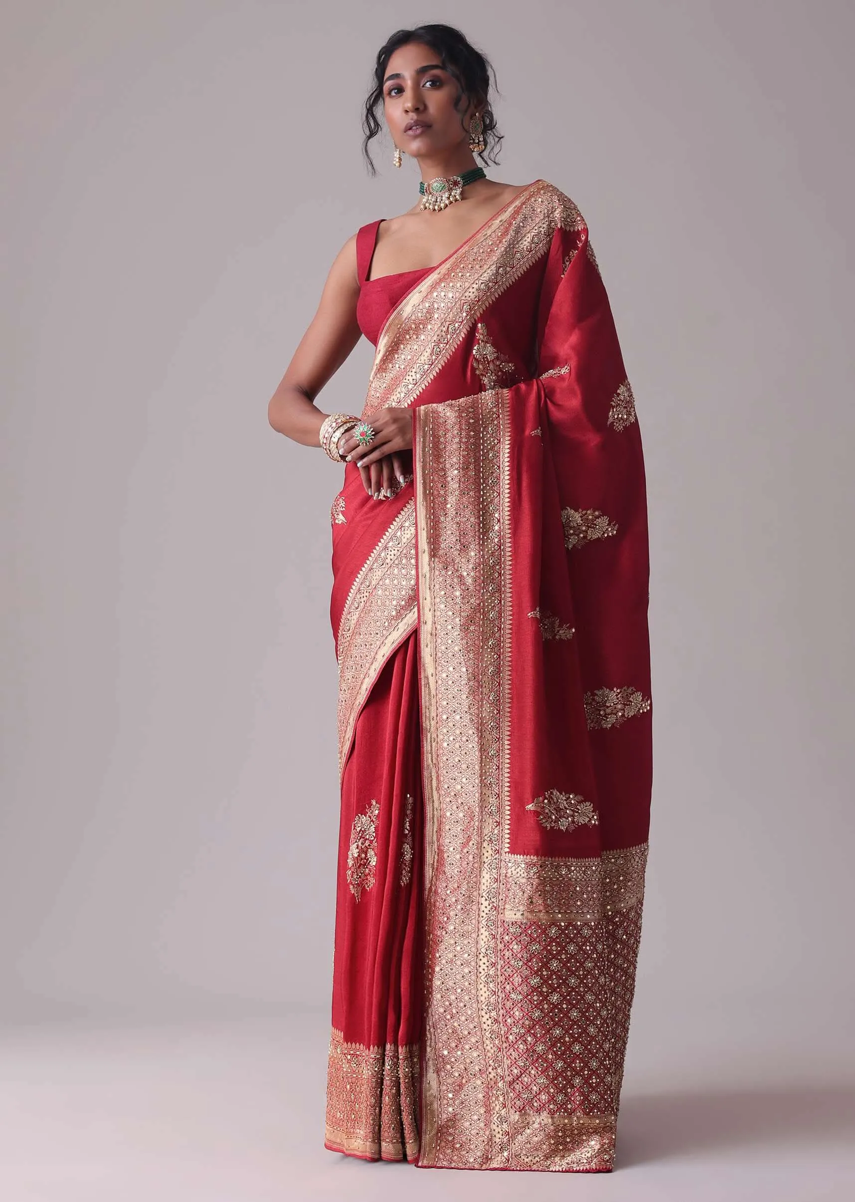 Chilli Pepper Red Embroidered Saree In Dola Silk