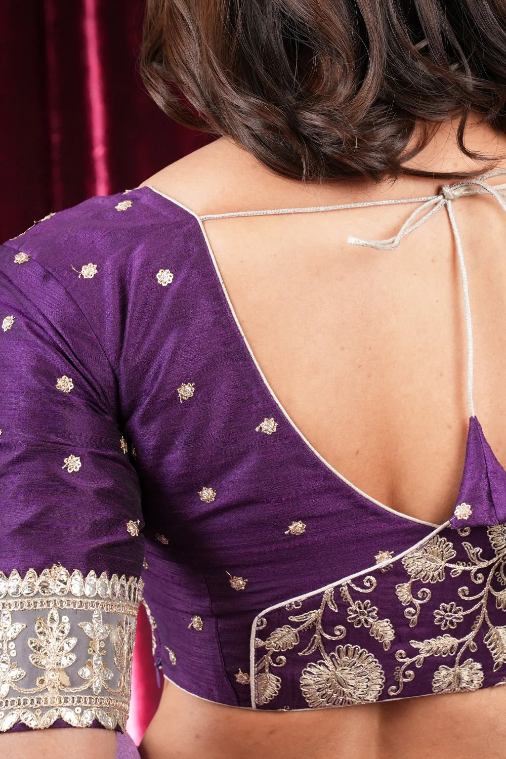 Dark mauve sweetheart neck two fabric blouse.