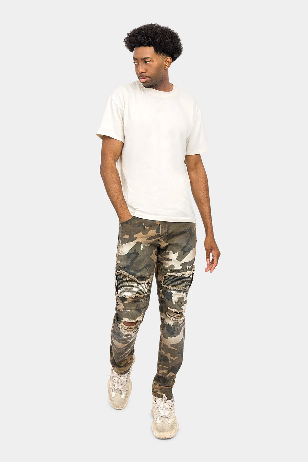 Distressed Biker Camo Jeans