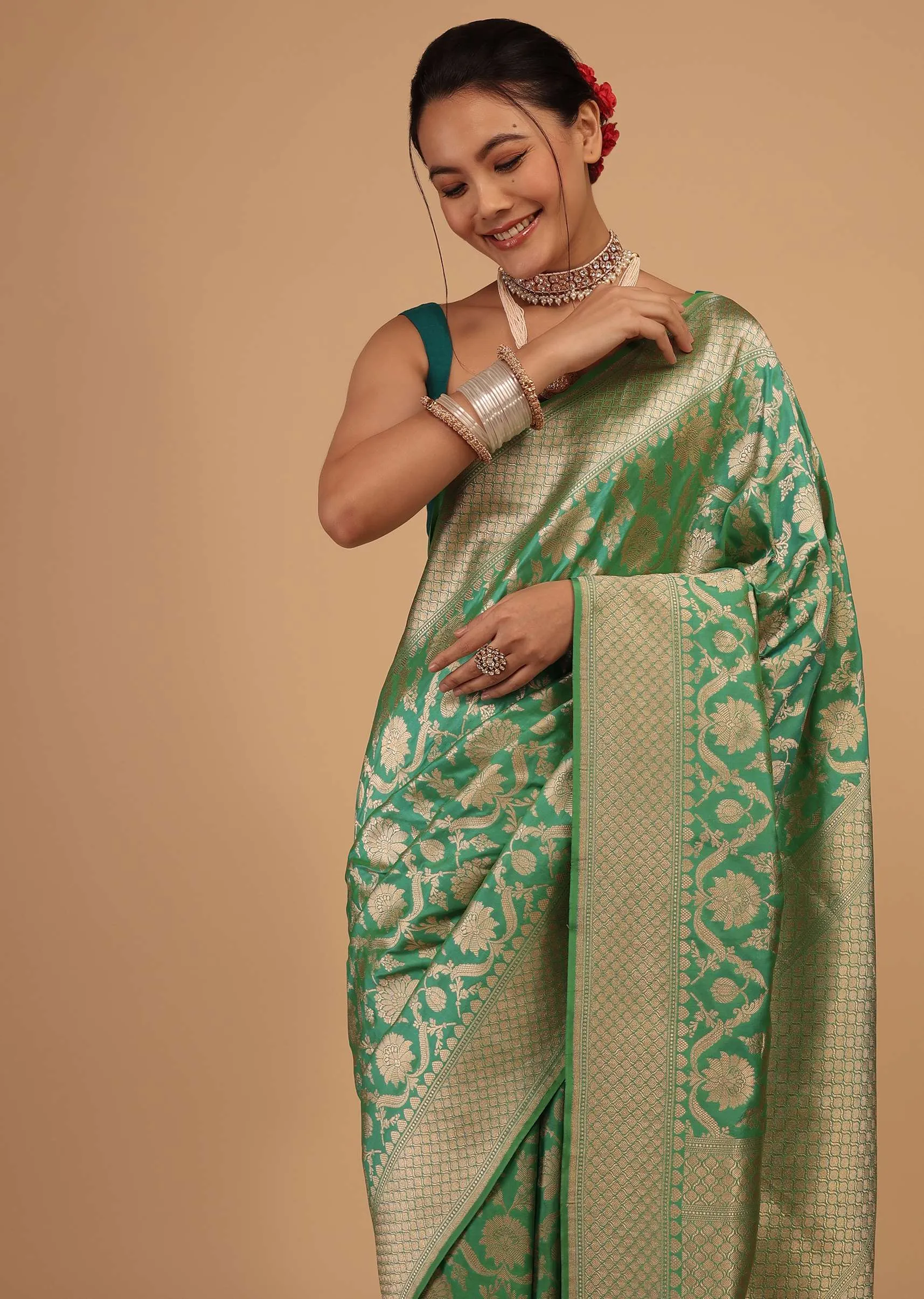 Grass Green Saree In Pure Banarasi Silk And Upada Zari Weave Floral Jaal Work