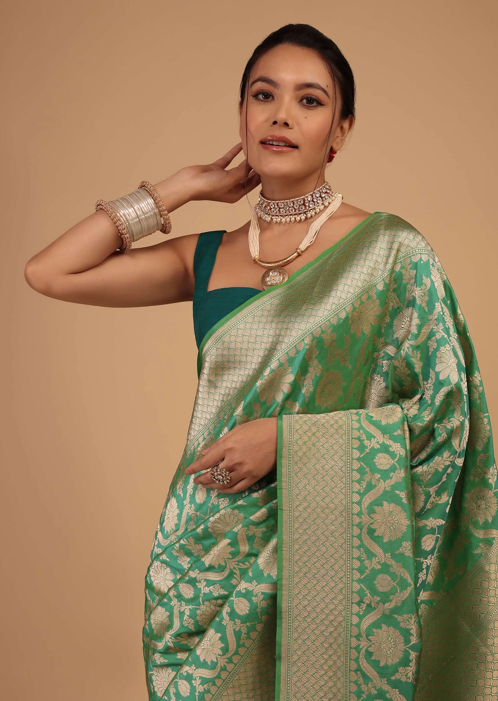 Grass Green Saree In Pure Banarasi Silk And Upada Zari Weave Floral Jaal Work
