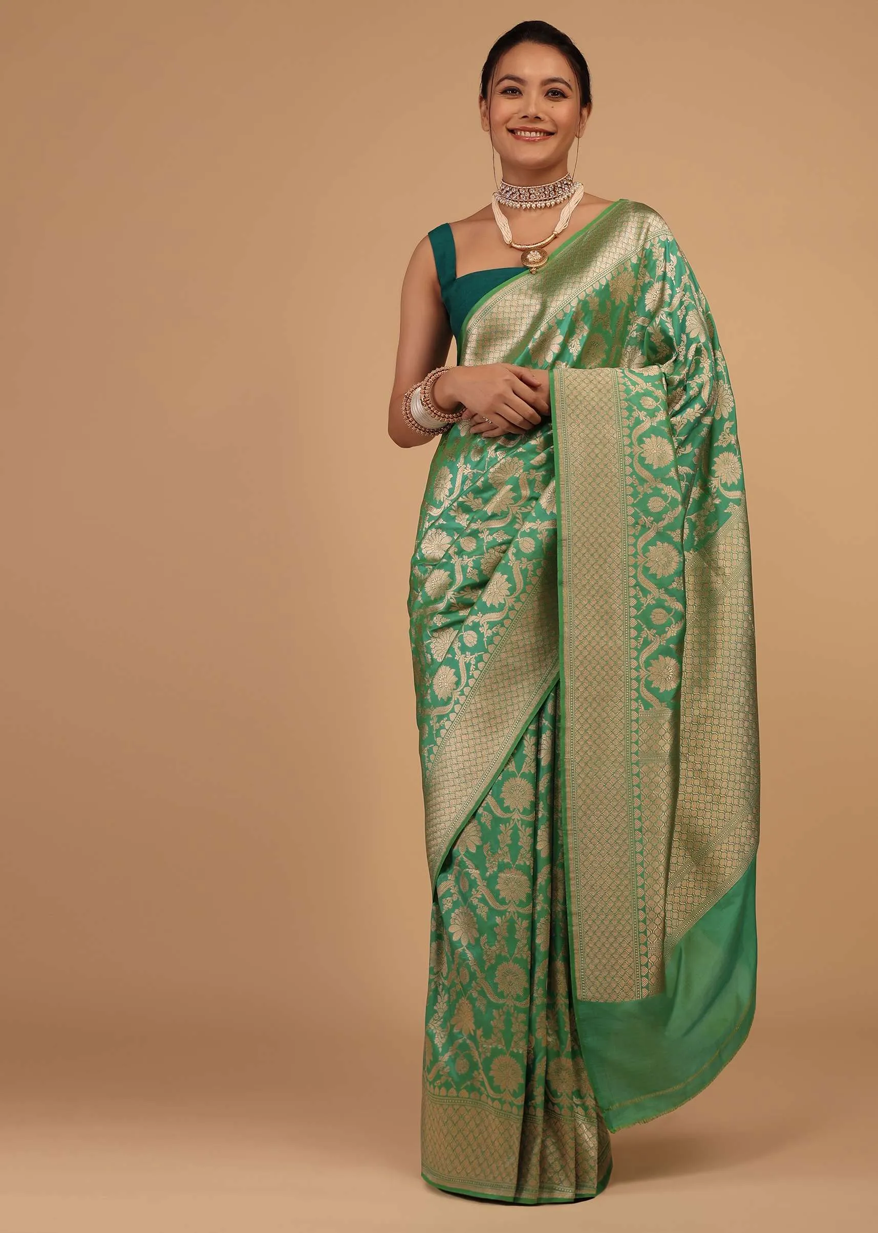 Grass Green Saree In Pure Banarasi Silk And Upada Zari Weave Floral Jaal Work
