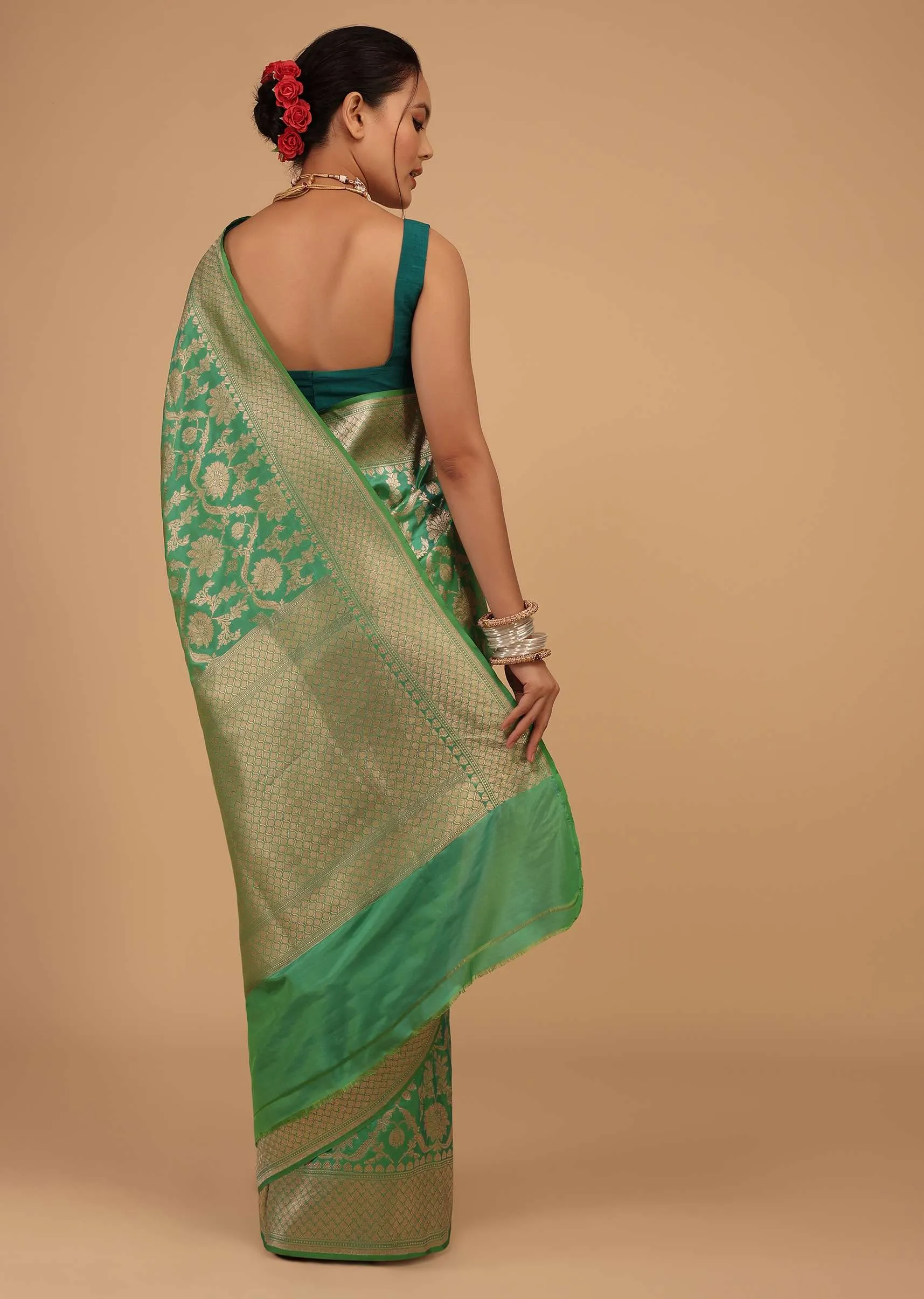 Grass Green Saree In Pure Banarasi Silk And Upada Zari Weave Floral Jaal Work