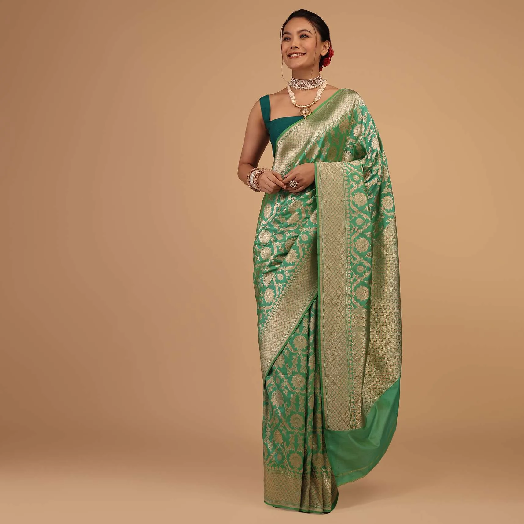 Grass Green Saree In Pure Banarasi Silk And Upada Zari Weave Floral Jaal Work