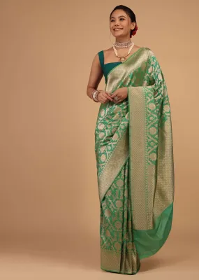 Grass Green Saree In Pure Banarasi Silk And Upada Zari Weave Floral Jaal Work