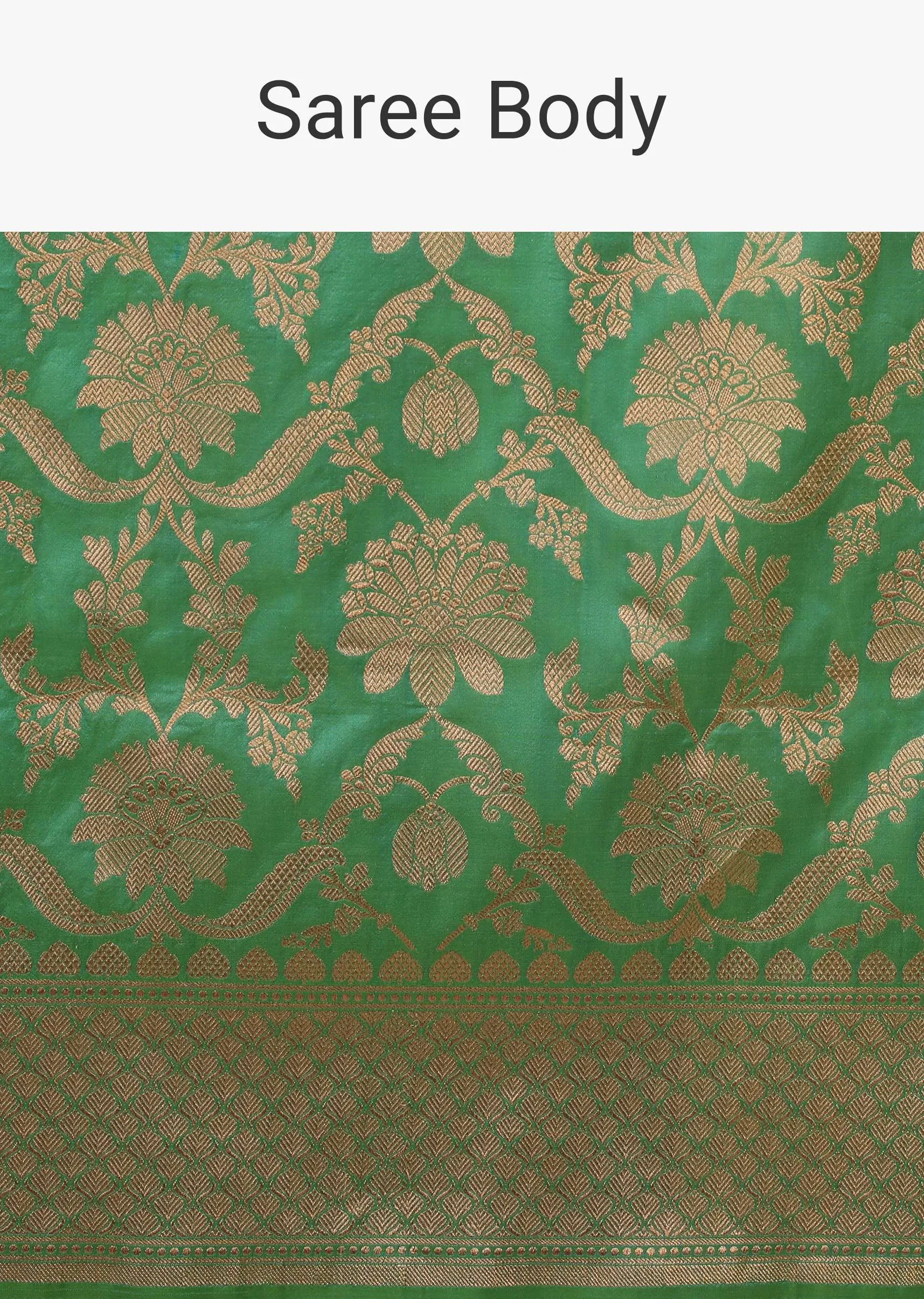Grass Green Saree In Pure Banarasi Silk And Upada Zari Weave Floral Jaal Work