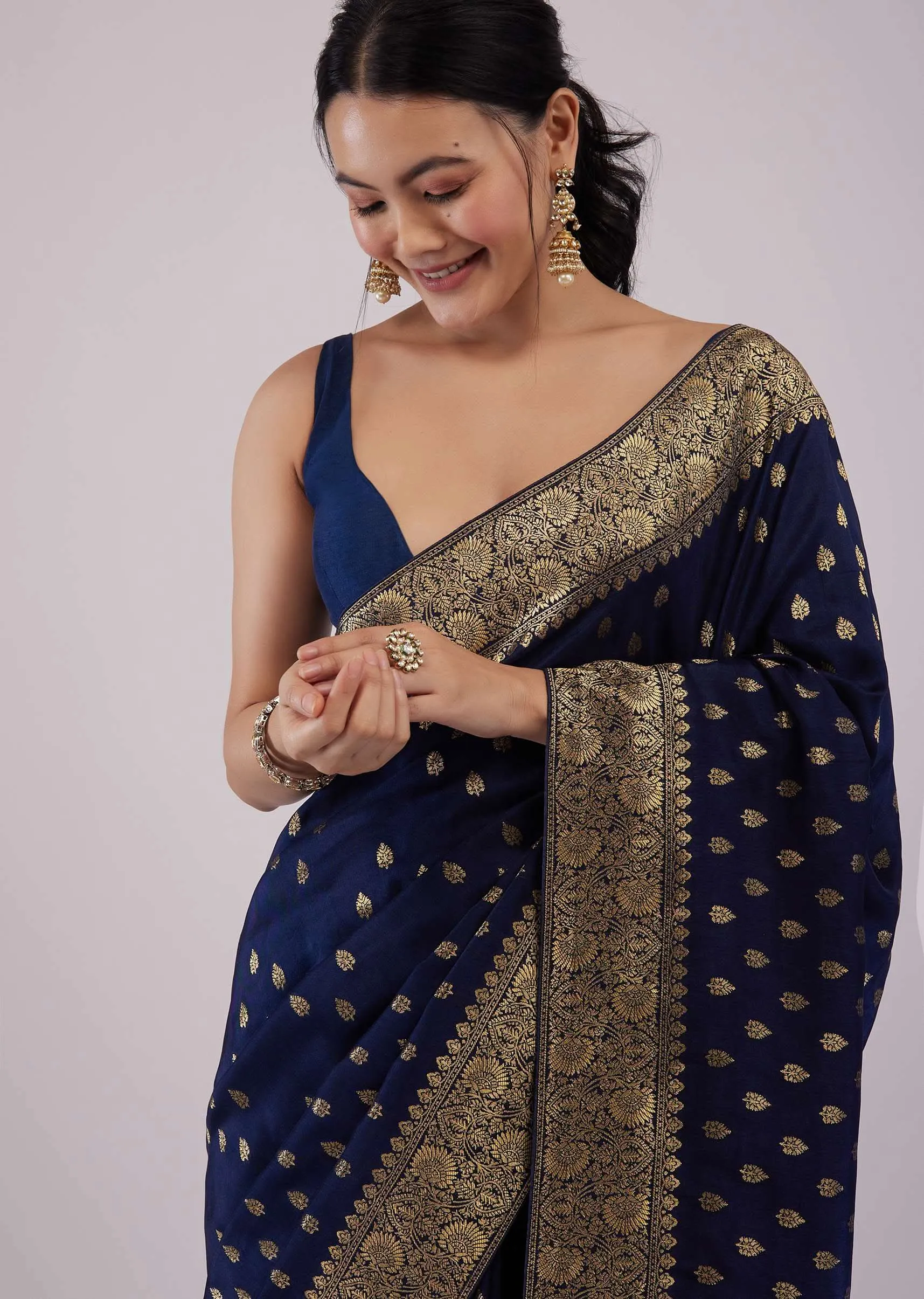 Intricately Detailed Navy Blue Silk Saree