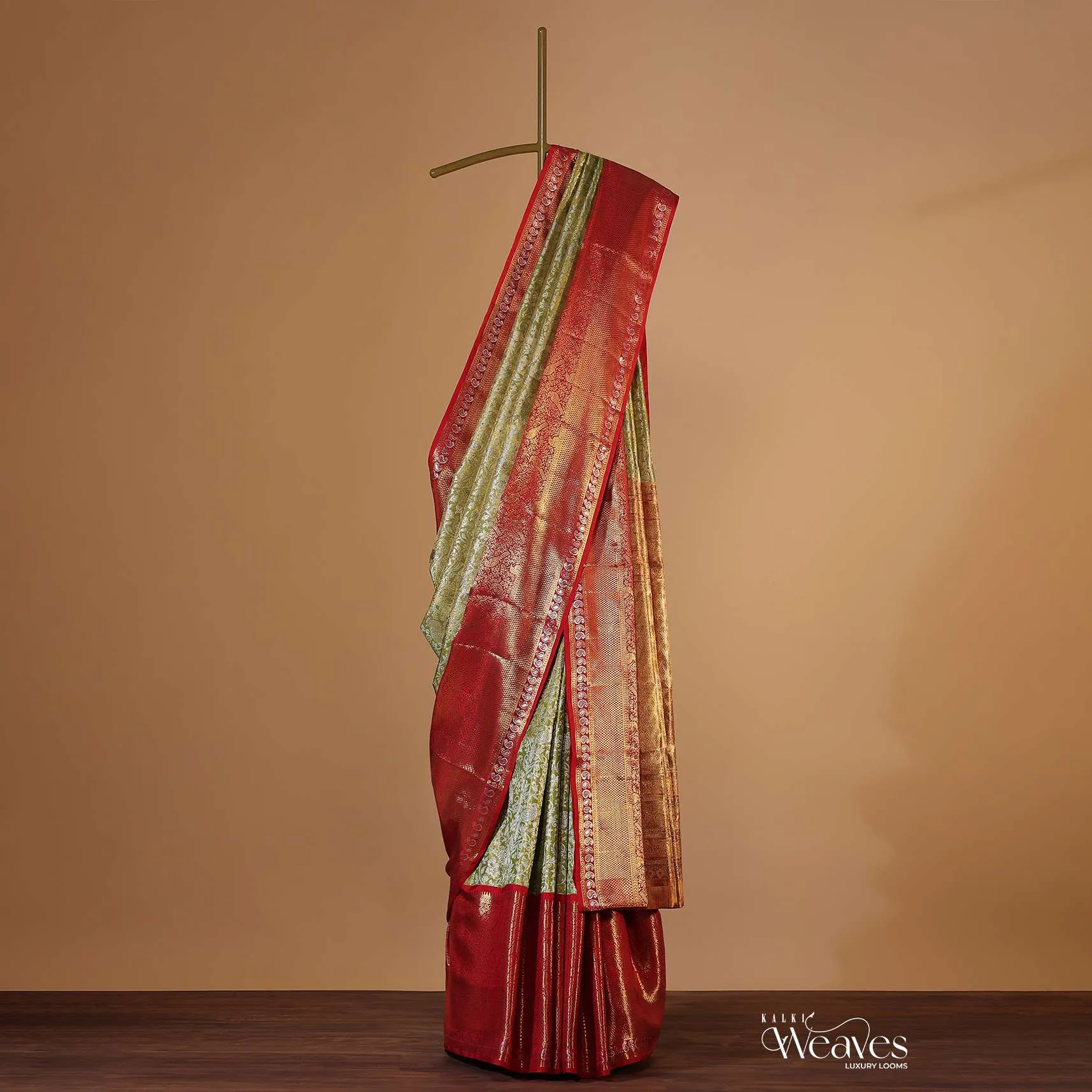 Lime Green Kanjivaram Saree In Tissue Silk With 7GM Real Gold Zari And Unstitched Blouse