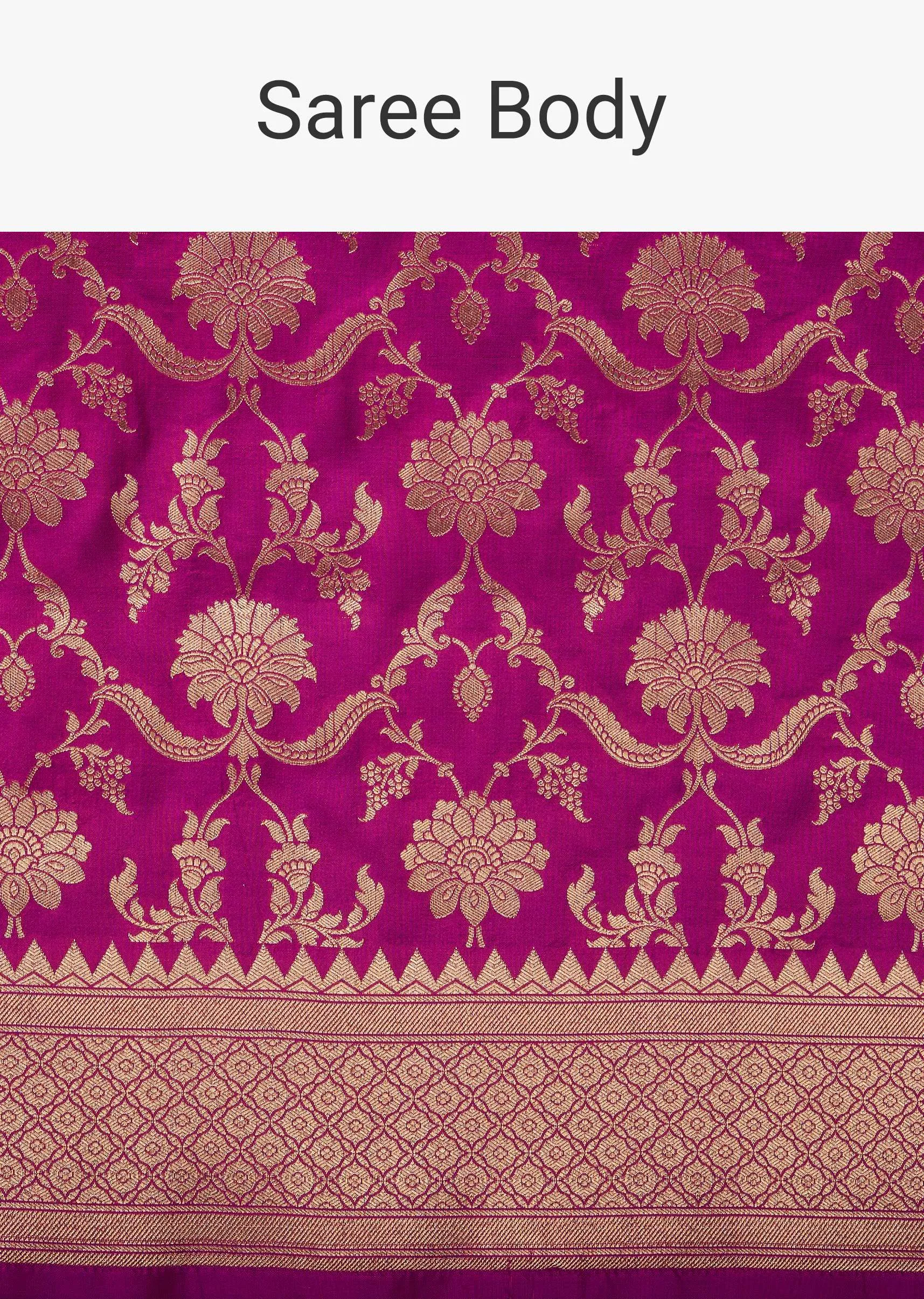 Magenta Pink Saree In Banarasi Silk With Floral Jaal Weave And An Unstitched Blouse