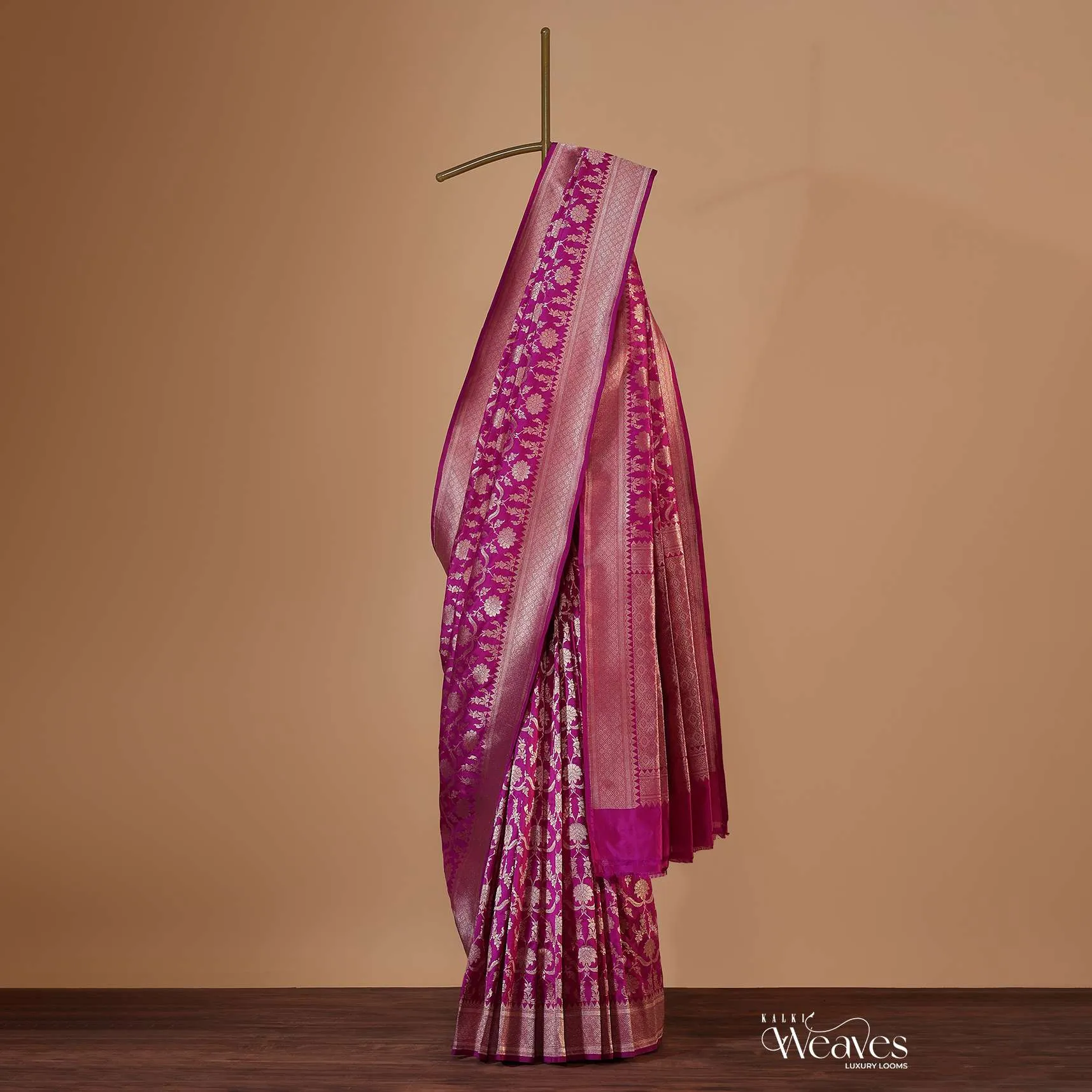Magenta Pink Saree In Banarasi Silk With Floral Jaal Weave And An Unstitched Blouse