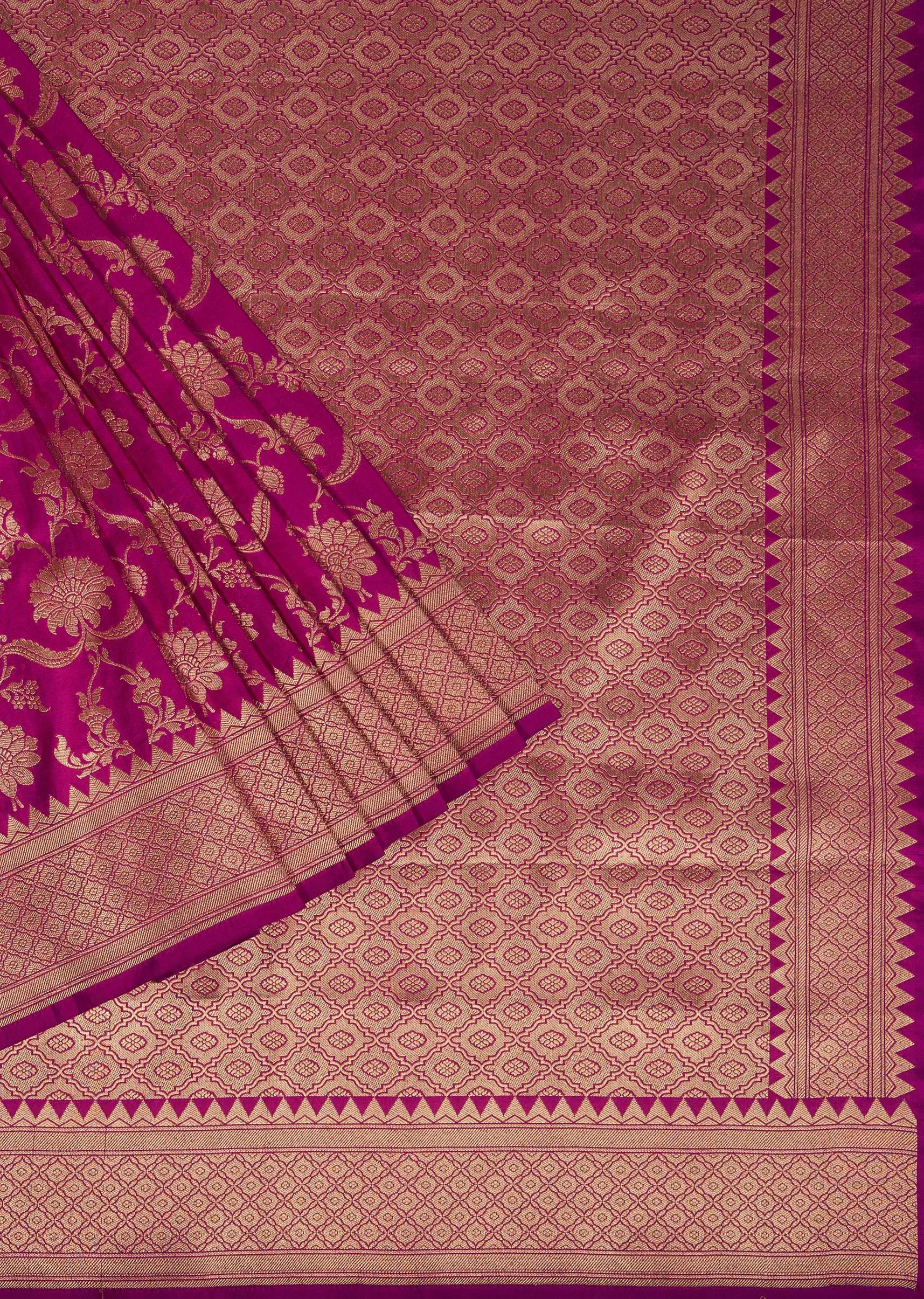 Magenta Pink Saree In Banarasi Silk With Floral Jaal Weave And An Unstitched Blouse