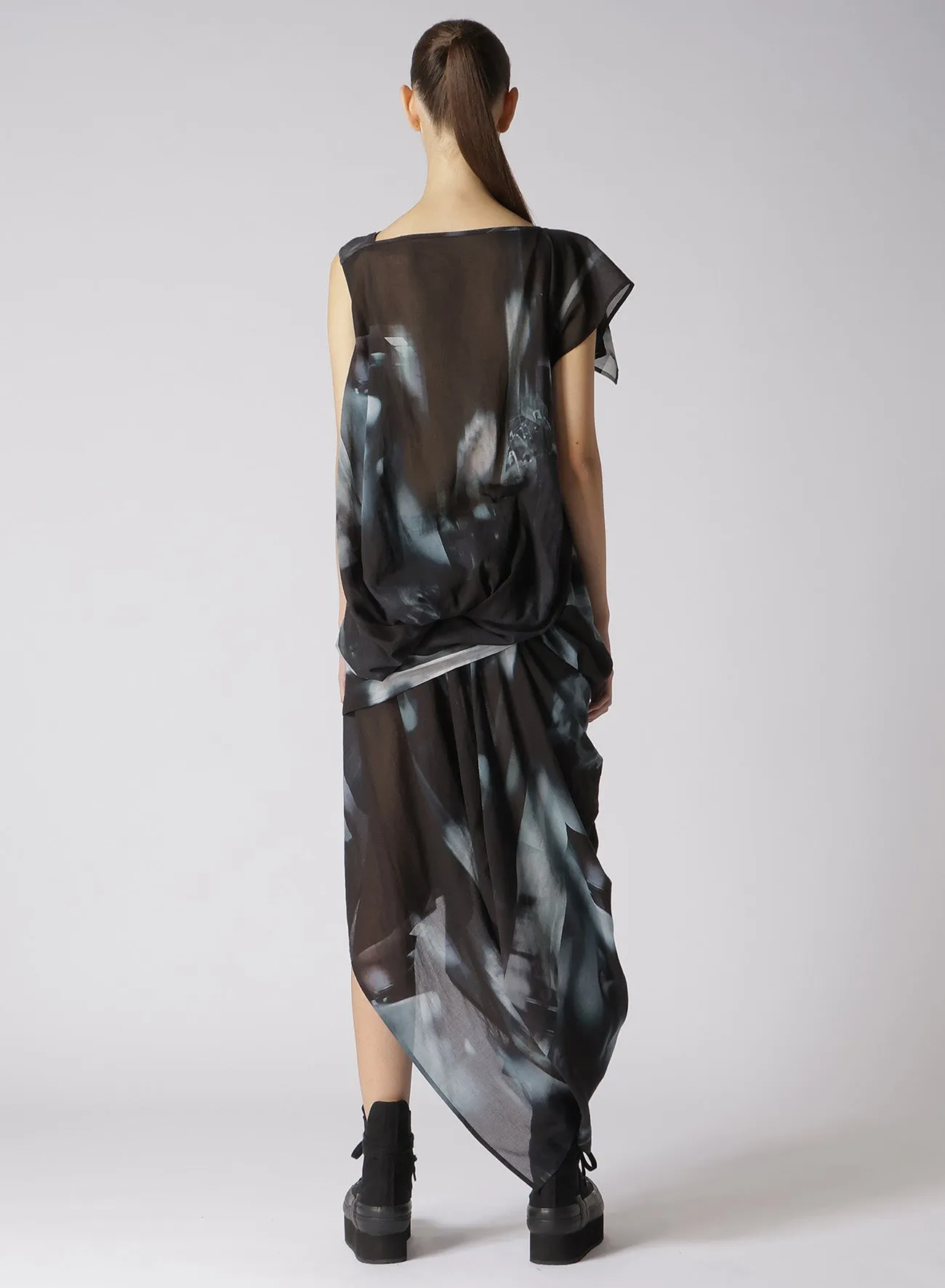 PHOTO SHREDDER PRINT DRAPE DRESS