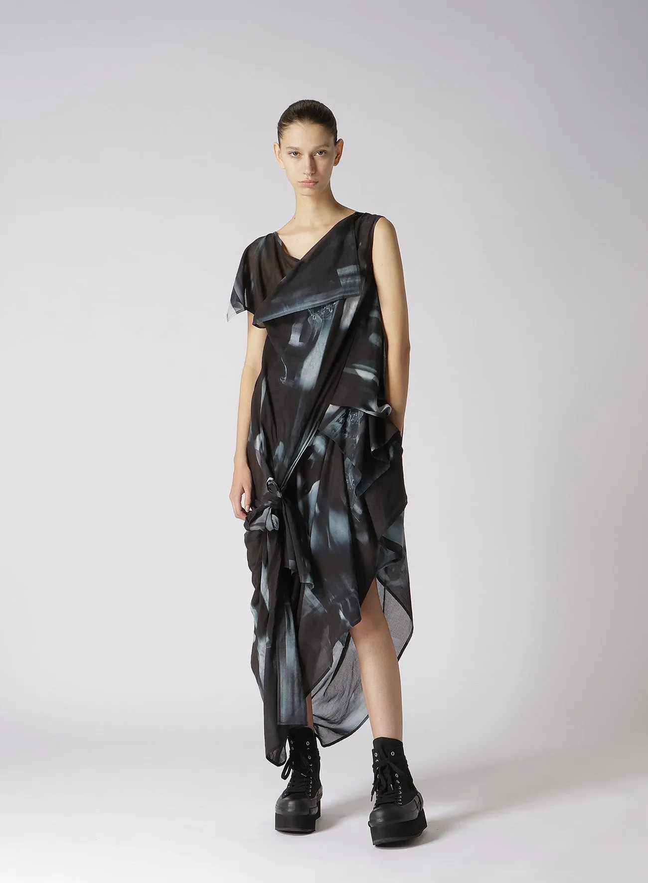 PHOTO SHREDDER PRINT DRAPE DRESS