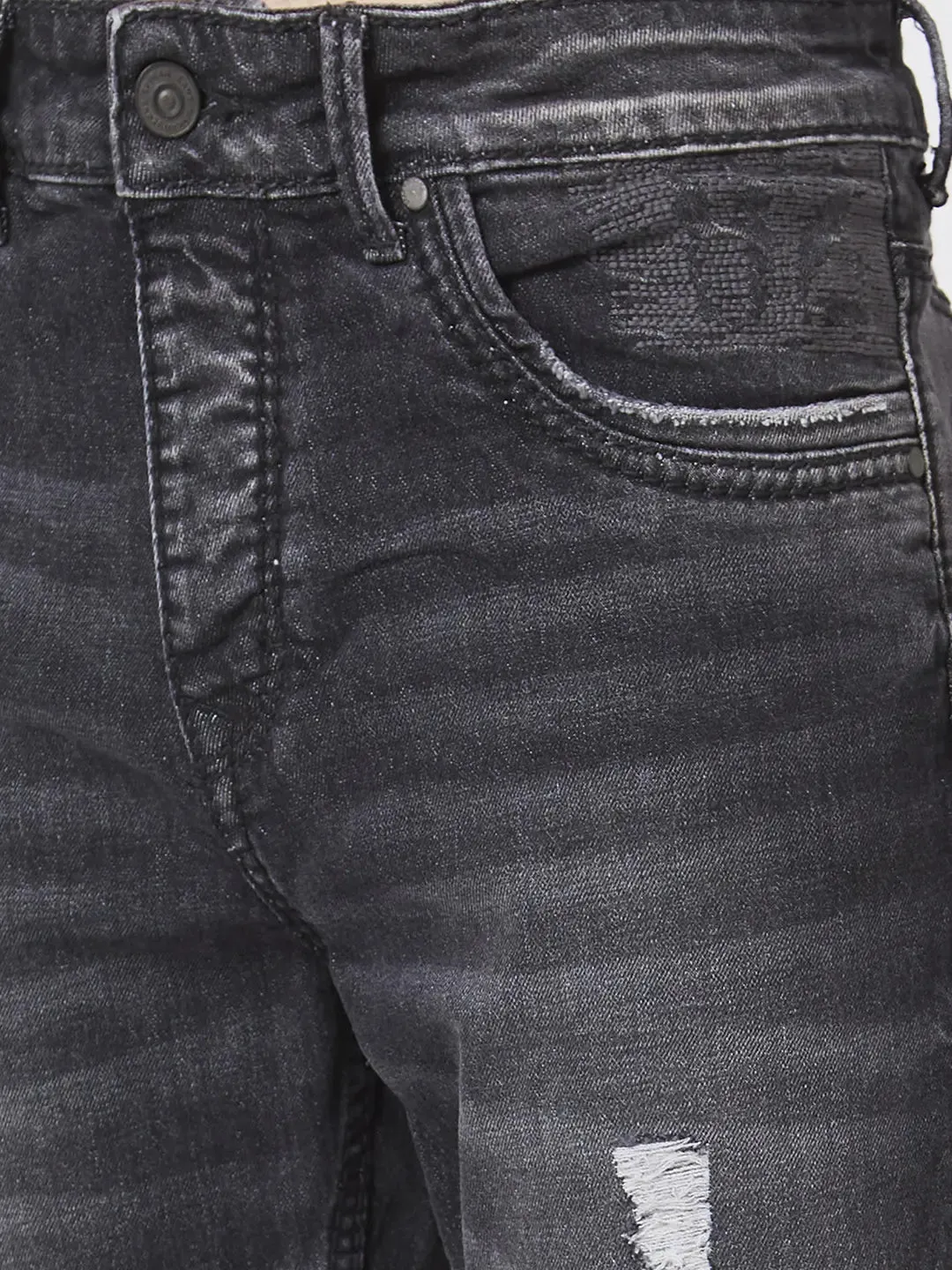 Spykar Men Carbon Black Cotton Regular Fit Narrow Length Mild Distressed Mid Rise Jeans (Rover)