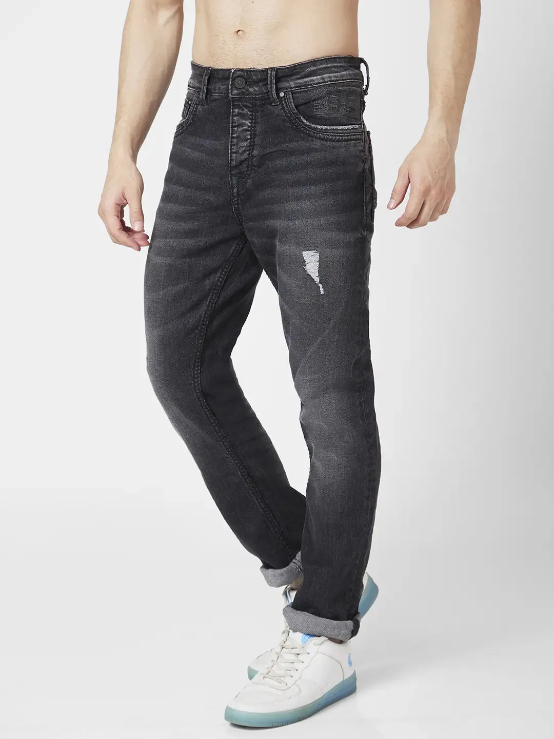 Spykar Men Carbon Black Cotton Regular Fit Narrow Length Mild Distressed Mid Rise Jeans (Rover)