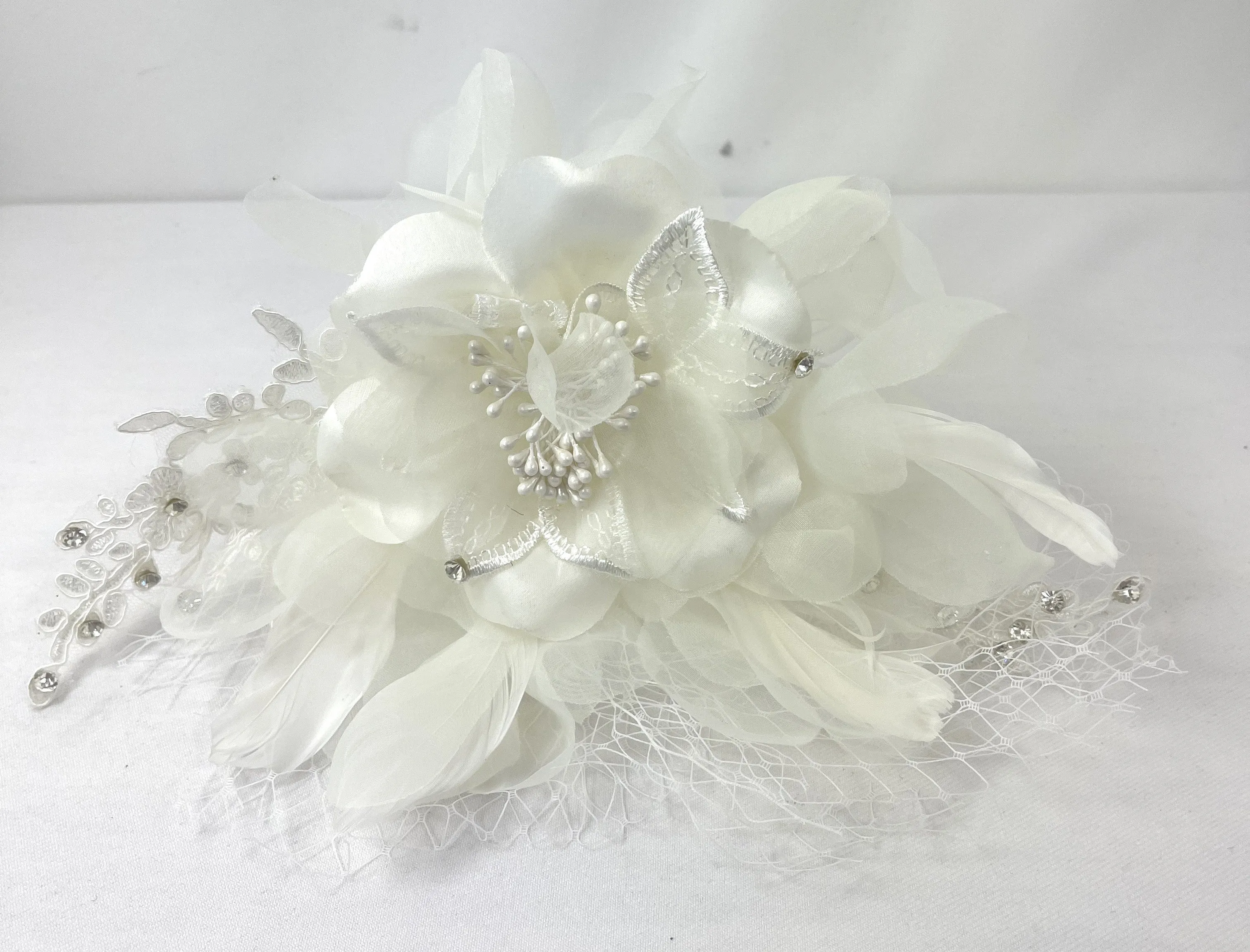 Victorian Vintage Bridal Flower White Feather Lace Net Fascinator with Pearl Headband