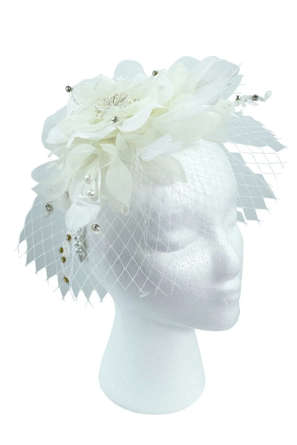 Victorian Vintage Bridal Flower White Feather Lace Net Fascinator with Pearl Headband