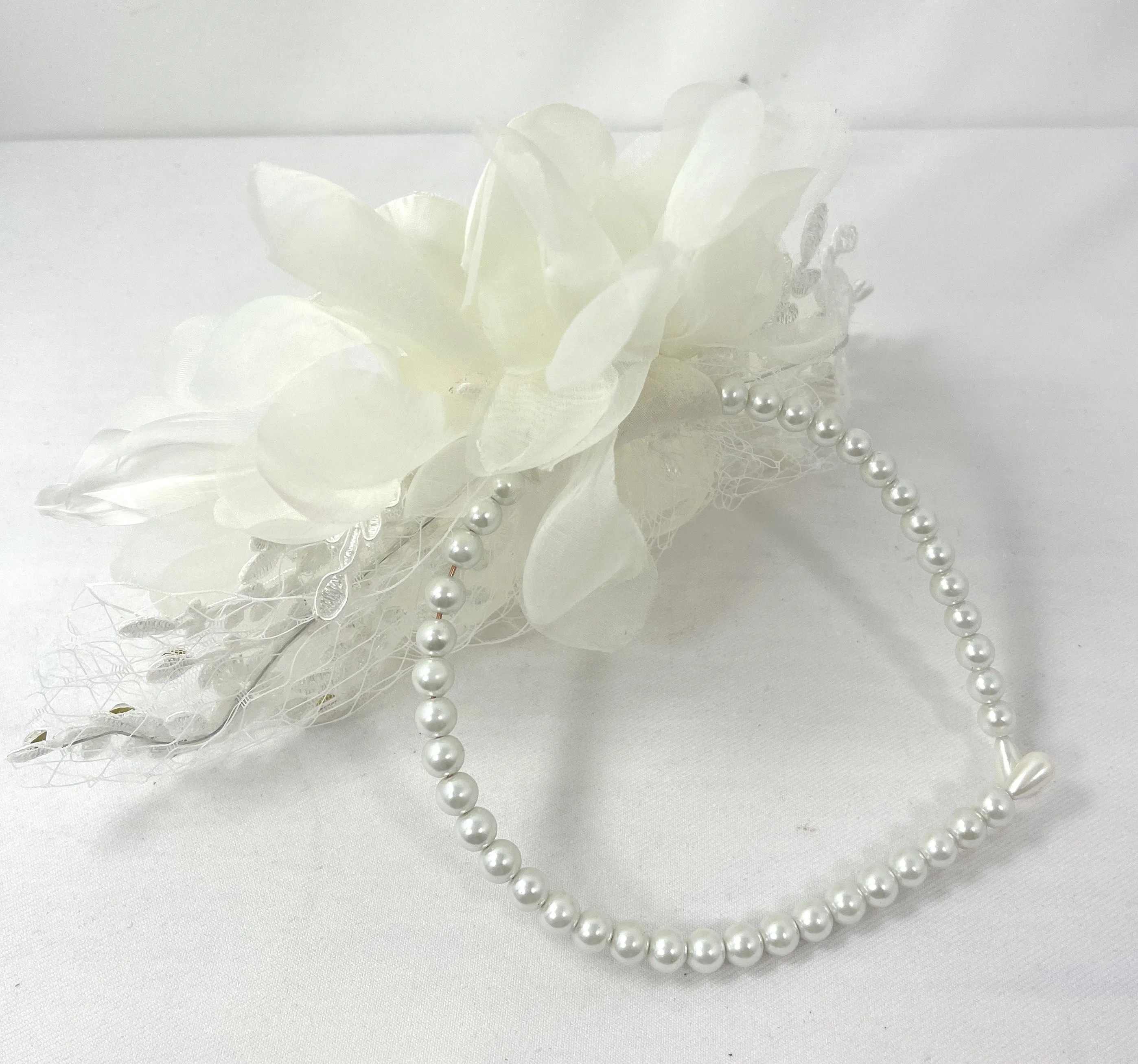 Victorian Vintage Bridal Flower White Feather Lace Net Fascinator with Pearl Headband