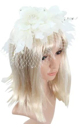 Victorian Vintage Bridal Flower White Feather Lace Net Fascinator with Pearl Headband